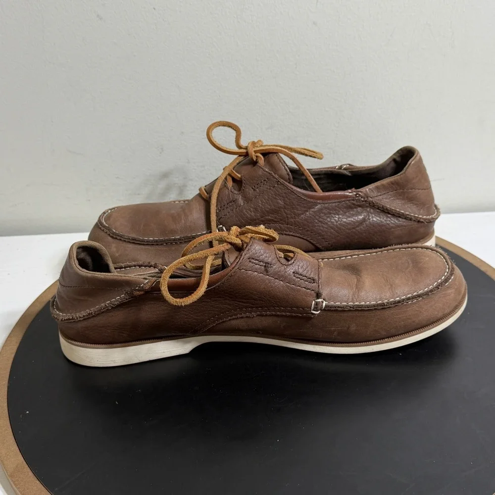 OluKai Mokua Leather Shoes Men 10 Casual‎ Boat Moc Toe Brown Comfort